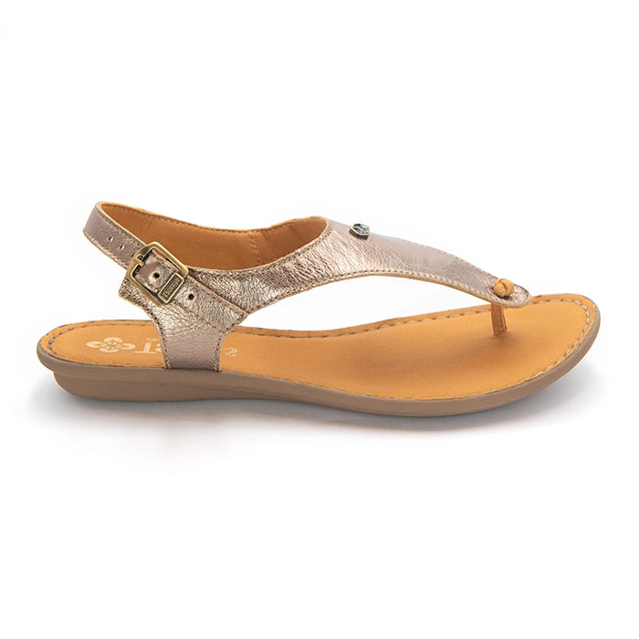 A single women's gold leather sandal with an ankle strap and buckle closure.