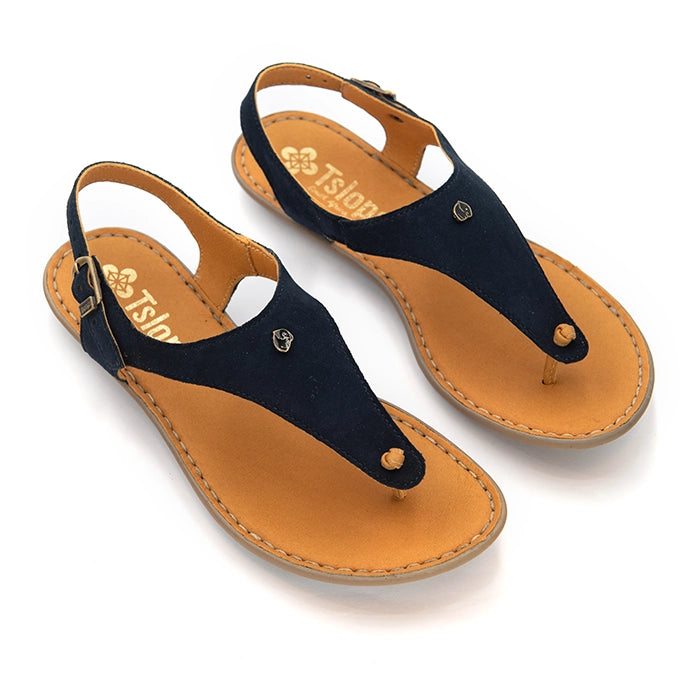 A pair of T-strap thong sandals with dark navy blue straps and tan footbeds, shown on a clean white background. The brand name 'Tslops' is visible on the insole.