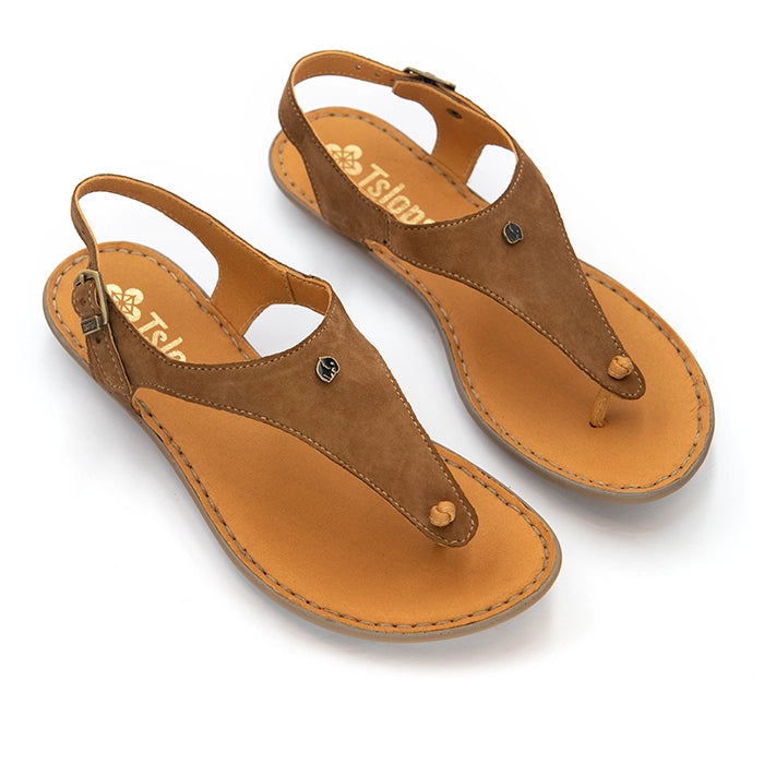 A pair of tan leather thong sandals with adjustable ankle straps and metal rivet details, displayed on a clean white background.
