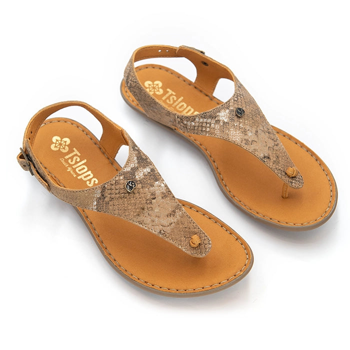 A pair of women's T-strap thong sandals with a metallic gold and beige snakeskin-patterned upper and a tan leather footbed, shown on a white background.