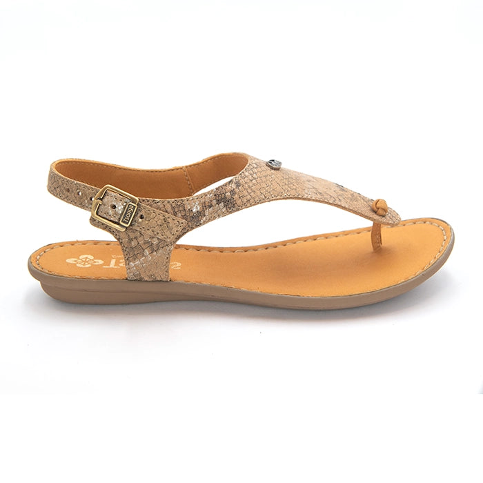 A women's thong sandal with a beige and brown snakeskin-patterned strap, a gold-tone buckle, and a tan footbed, shown from a side profile on a white background.