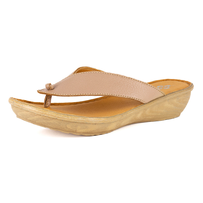 Isanya : Ladies Leather Tslops Wedge Heel Sandals in Timber Cayak