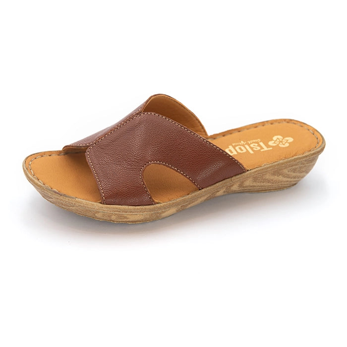 A single women's slide sandal with a brown leather upper and a wedge heel, shown from a side profile on a white background. The brand name 'Tslops' is visible on the insole.