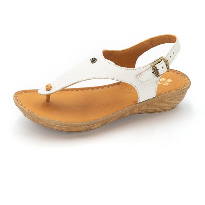 A white leather thong sandal with a tan wedge sole and a small gold-tone logo on the strap, shown on a white background.