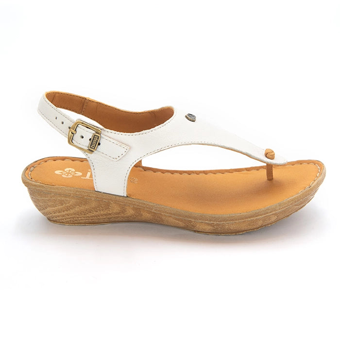 A white leather T-strap sandal with a gold buckle, featuring a tan wedge heel and a tan insole, shown from a side profile on a white background.