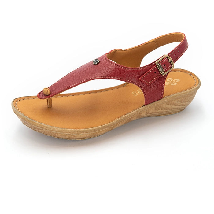 A single T-strap sandal with red leather straps and tan footbeds, displayed on a clean white background. The brand name 'Tslops' is visible on the footbed.