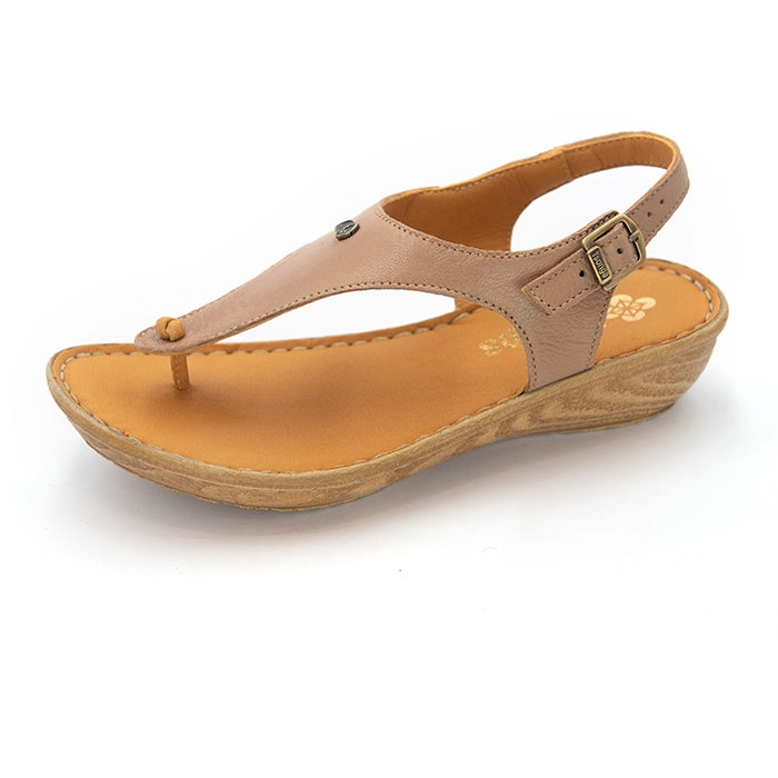 A women's wedge thong sandal in beige leather with a tan footbed and a natural wedge heel, shown on a white background.