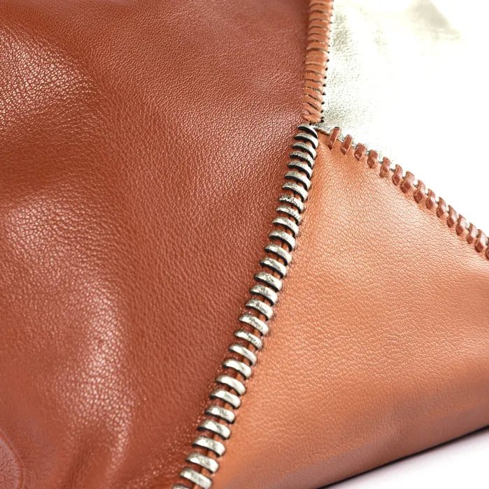 Close-up of a brown leather bag.