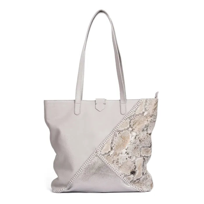 Light grey tote bag with snake print pattern on a white background
