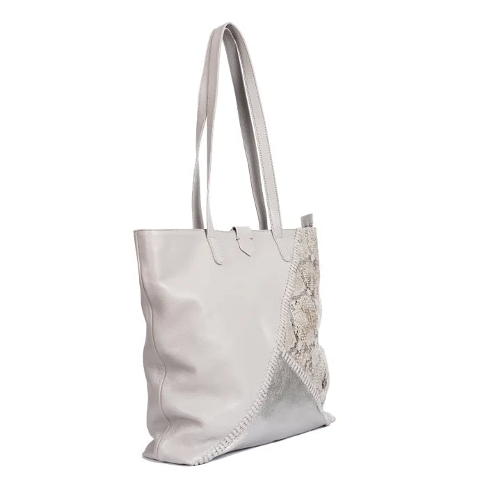 Light grey tote bag with handlace detail on a white background
