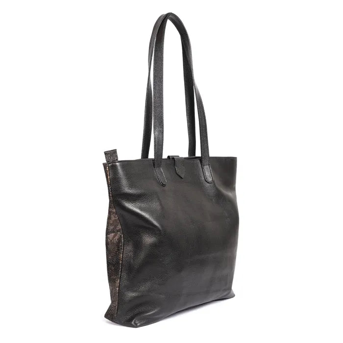 Black leather tote bag on a white background