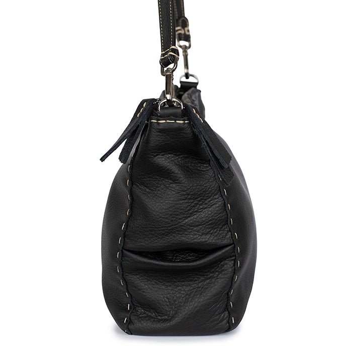Side view of a black leather backpack on a white background