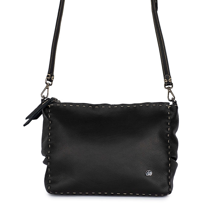 Black leather crossbody bag on a white background