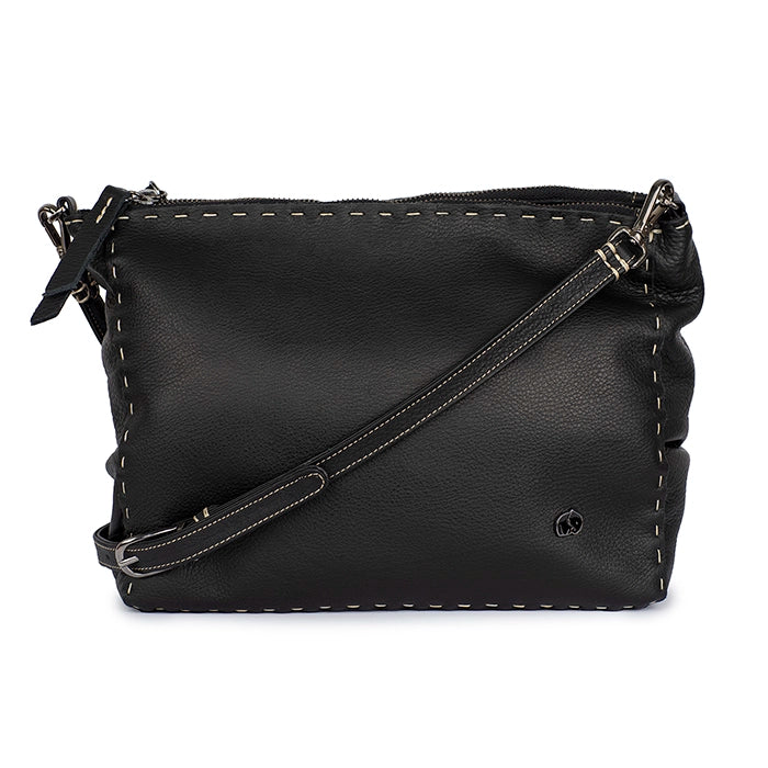 Black leather crossbody bag with visible stitching on a white background