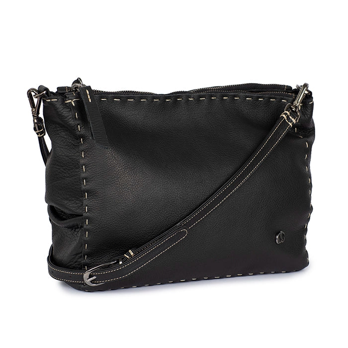 Black leather handbag with a shoulder strap on a white background