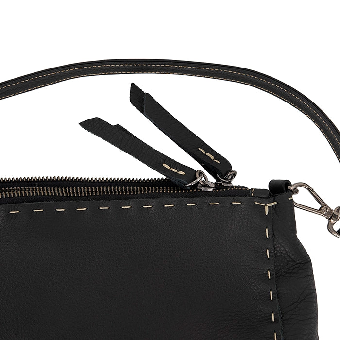 Close-up of a black leather handbag with zipper and handle on a white background