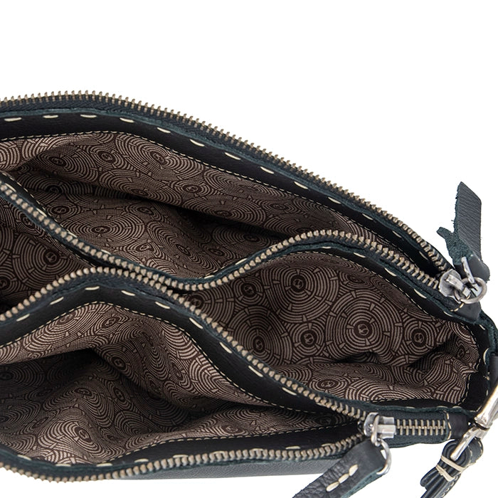 Close-up of a black leather handbag showing compartments, with intricate pattern and silver zippers on a white background