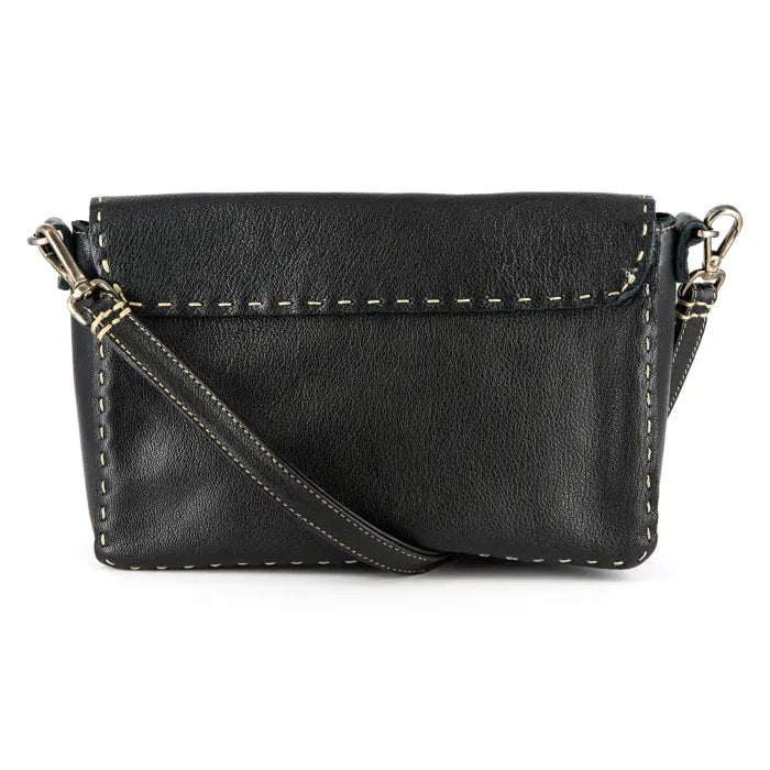 Black leather crossbody bag with gold accents on a white background