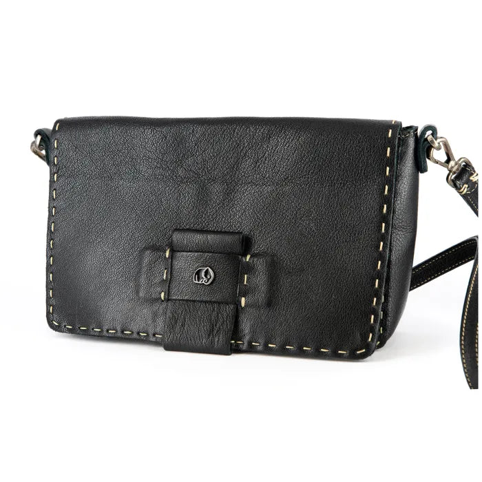 Black leather crossbody bag with visible stitching on a white background