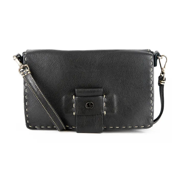 Black leather crossbody bag with a buckle on a white background