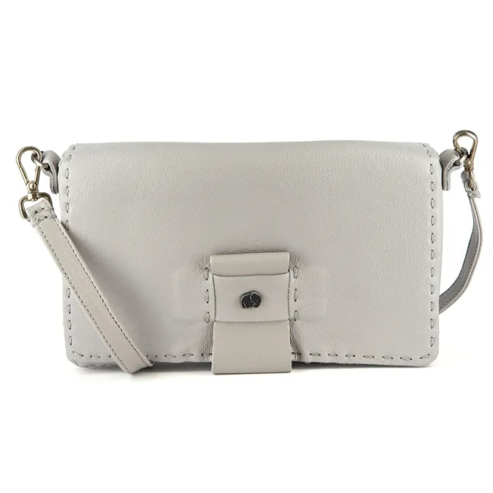 Light grey crossbody bag with a strap on a white background