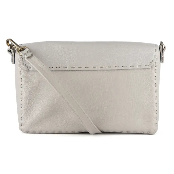 Small light grey crossbody bag with a strap on a white background