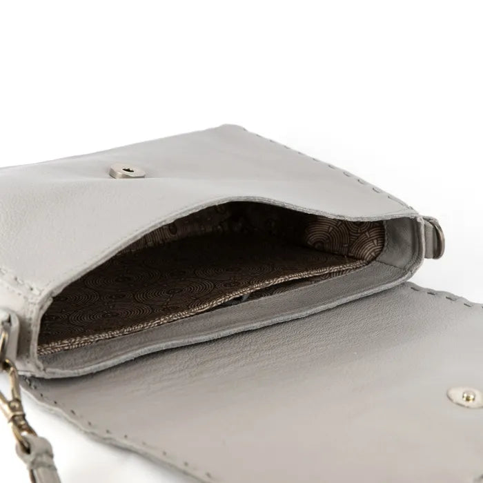 Close-up of a light grey handbag with a chain detail on a white background
