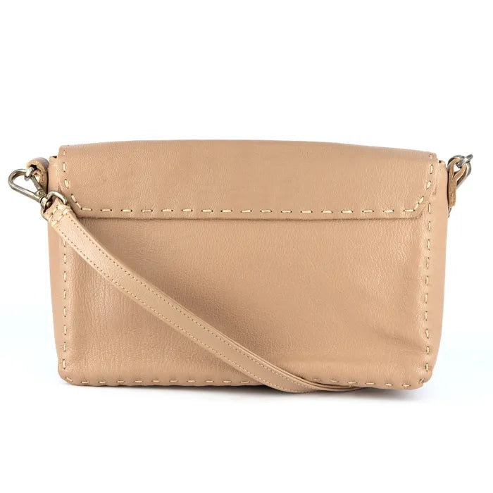 Beige crossbody bag on a white background