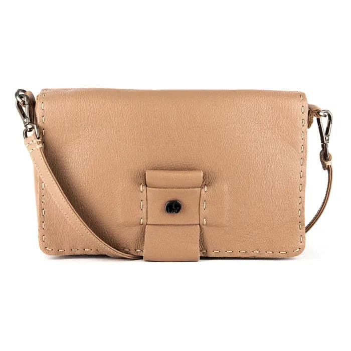 Beige handbag with a strap on a white background