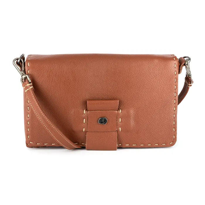 Brown leather handbag with a strap on a white background
