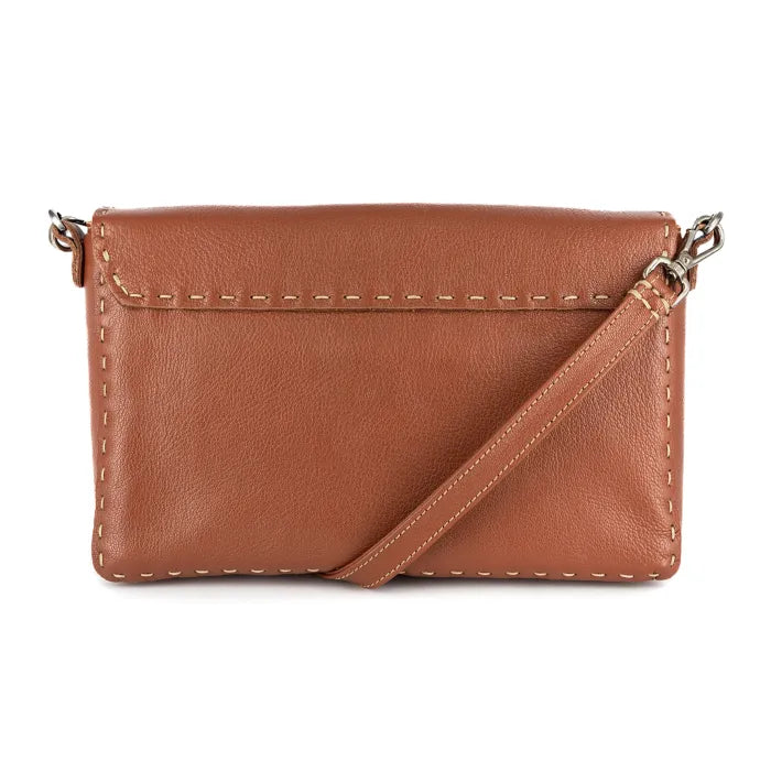 Brown leather crossbody bag on a white background