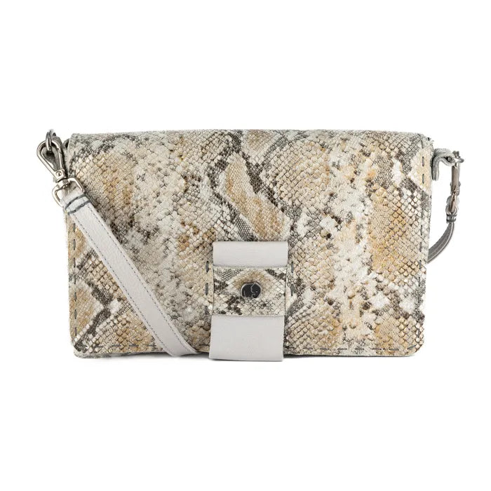 Snake print handbag with a light grey strap on a white background