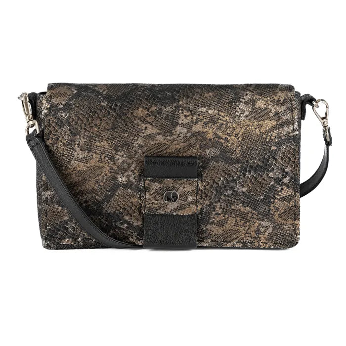 Snake print-patterned handbag with black accents on a white background