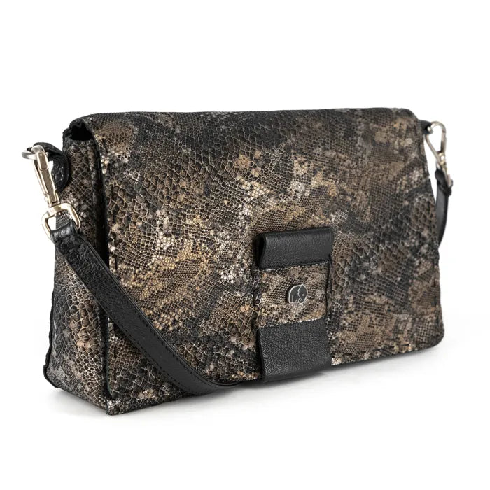 Patterned handbag with a black strap on a white background