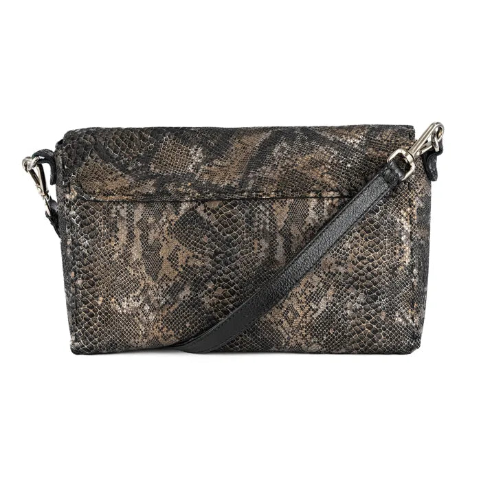 Snake print handbag with a black strap on a white background