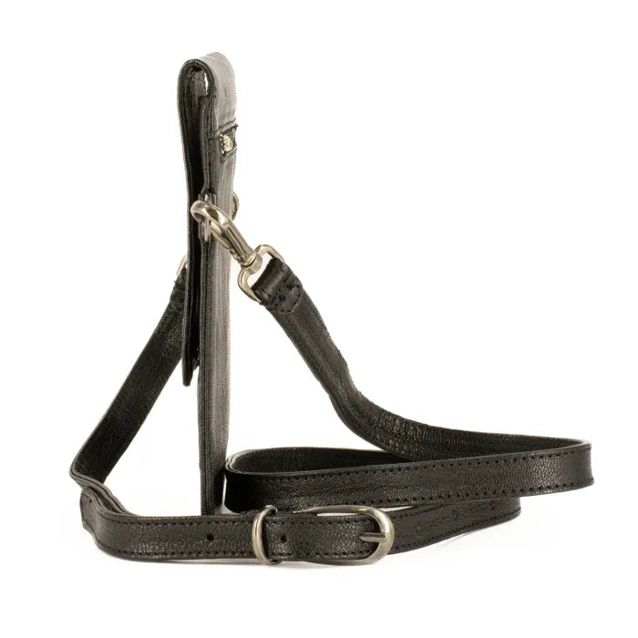 Black leather cellphone pouch with metal hardware on a white background