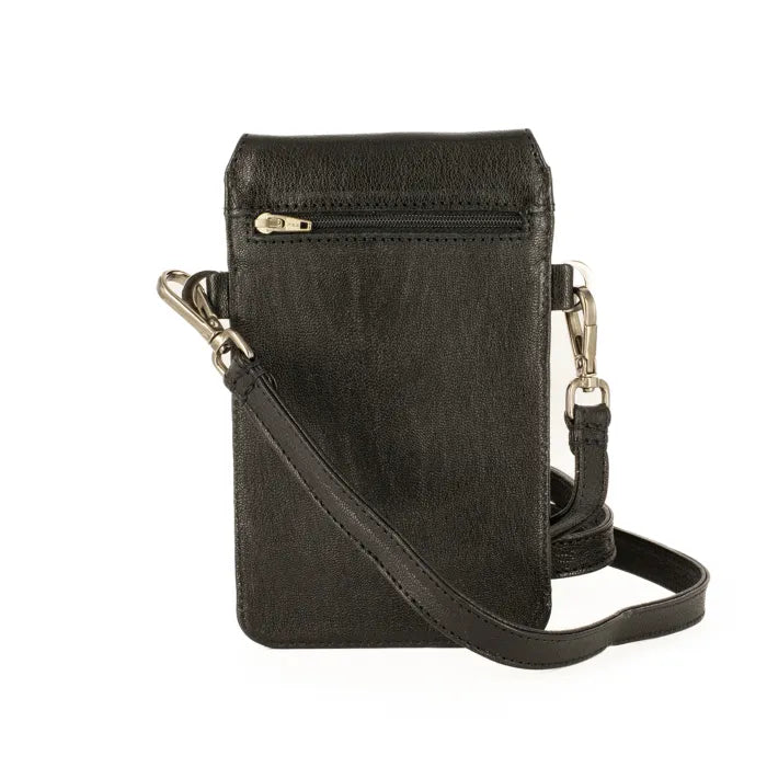 Black crossbody bag with a strap on a white background