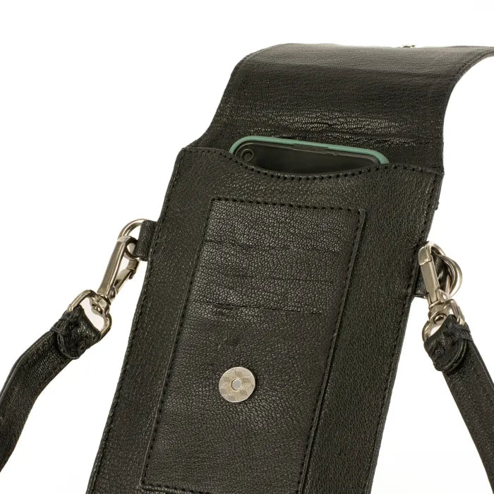 Black leather bag with a strap and button detail on a white background