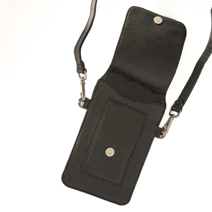 Black crossbody bag with a strap on a white background
