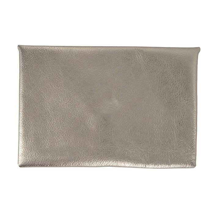 Front of metallic silver leather clutch purse.