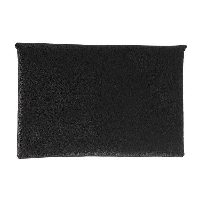 Front of black leather clutch purse.
