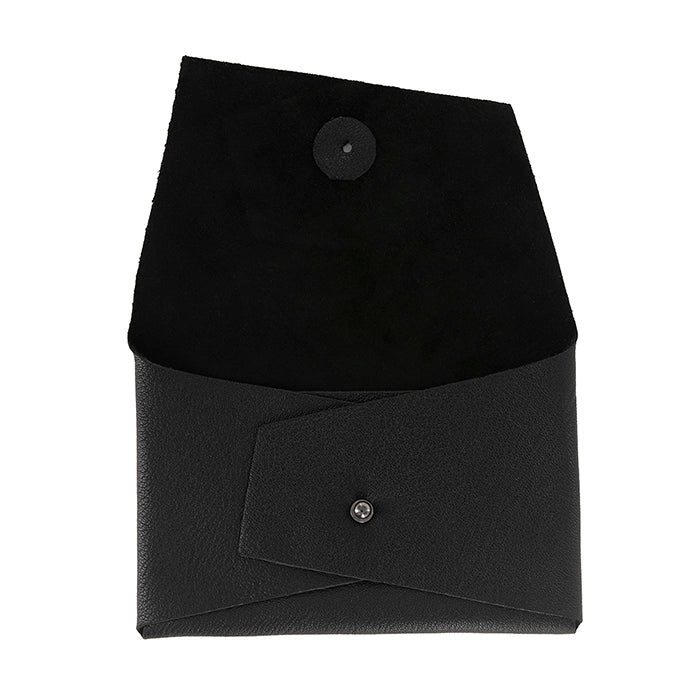 Open black leather clutch purse with flap lifted, showing leather interior and a front buttoned pocket.