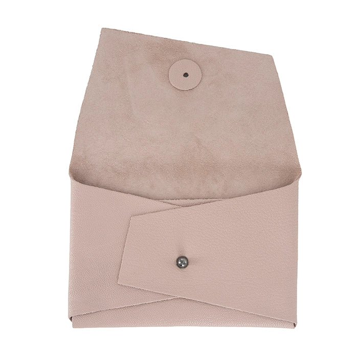Open pink leather clutch purse with flap lifted, showing leather interior and a front buttoned pocket.