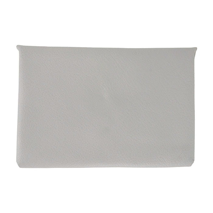 Front of grey leather clutch purse.