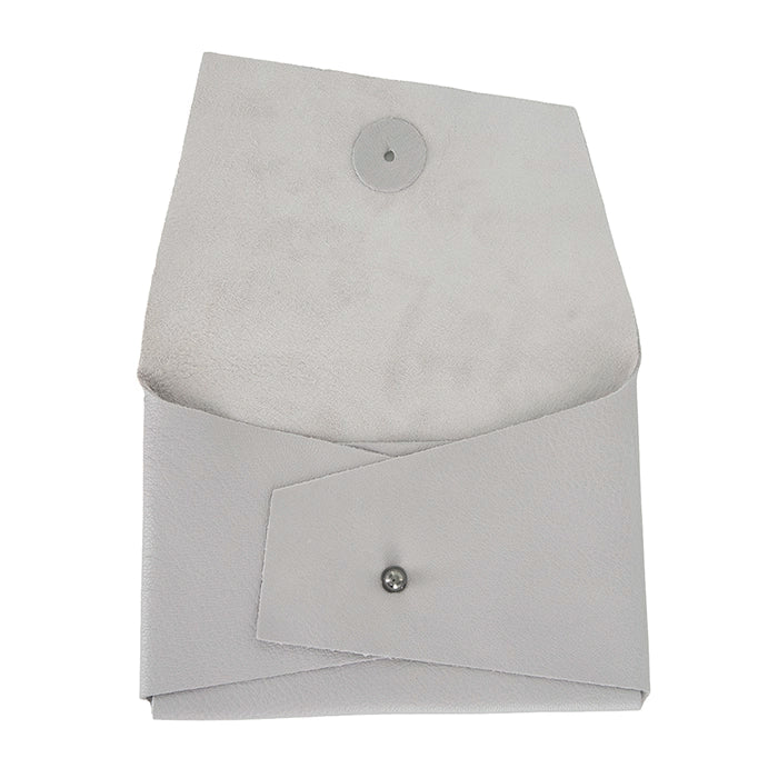 Open grey leather clutch purse with flap lifted, showing leather interior and a front buttoned pocket.