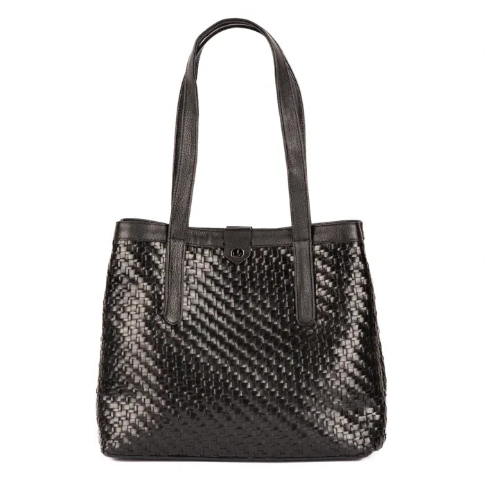 Black woven handbag on a white background