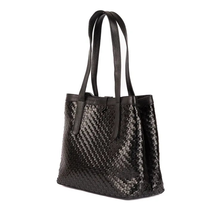 Black woven handbag with leather handles on a white background