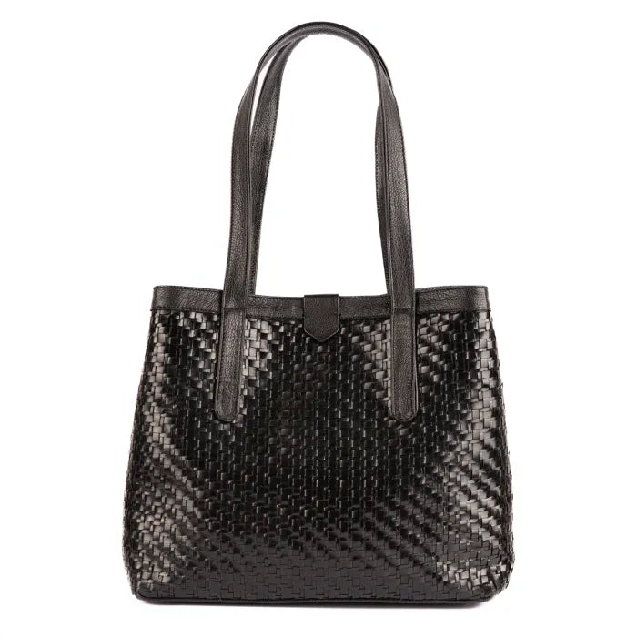 Black woven handbag on a white background