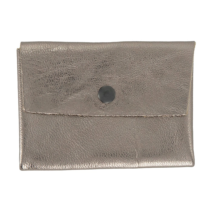 Silver leather cardholder with a button on a white background