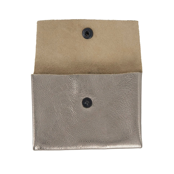 Metallic leather pouch with button closure on a white background